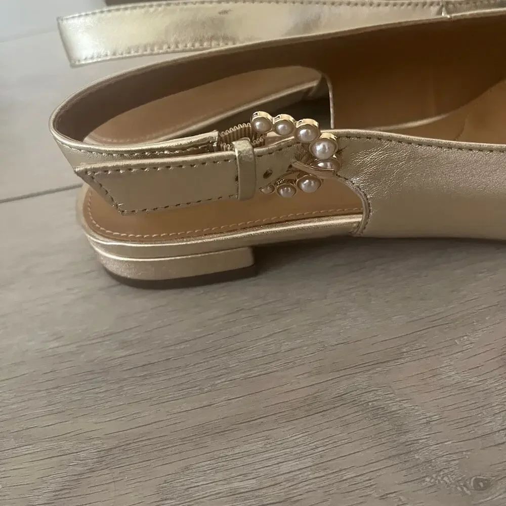 Talbots 'Edison' Womens 9M Metallic Slingback Cap Toe Flat Gold Shoe